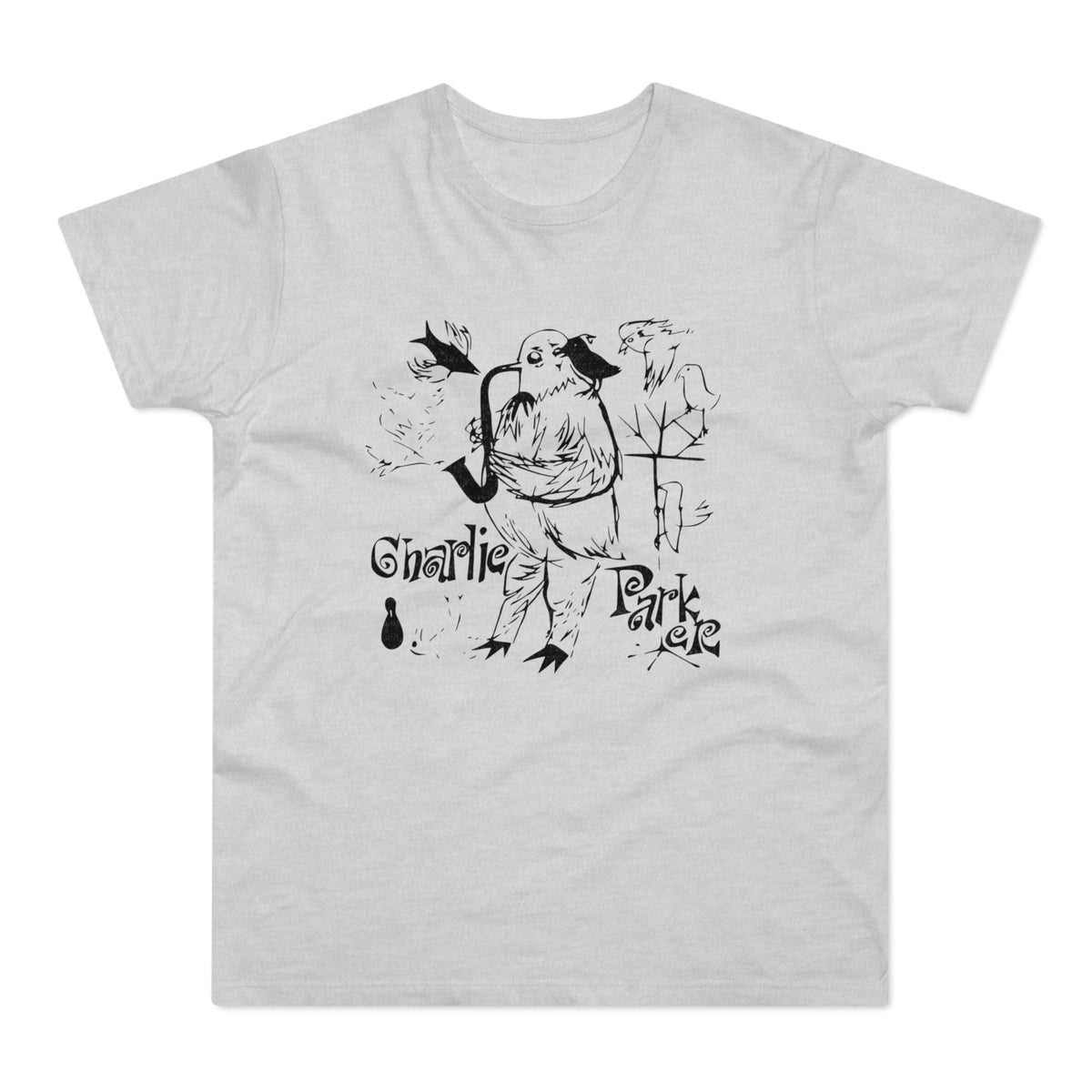 Charlie Parker text with bird playing saxophone graphic on light grey t-shirt.
