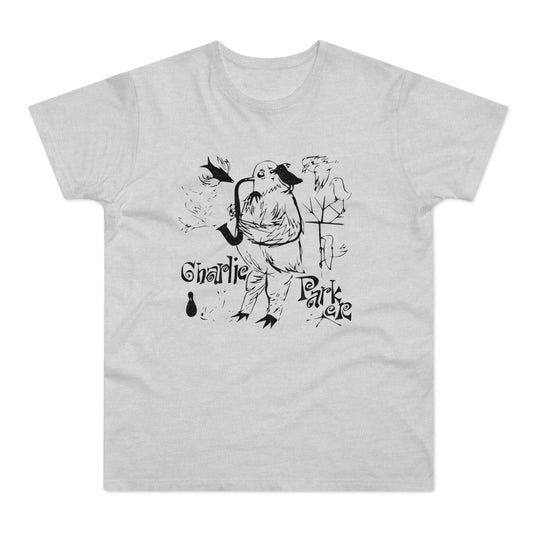 Charlie Parker text with bird playing saxophone graphic on light grey t-shirt.