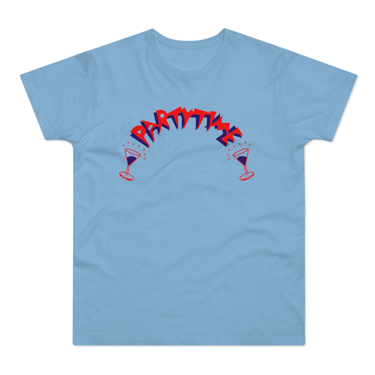 Light blue t-shirt with red and blue "PARTY TIME" text and martini glasses.