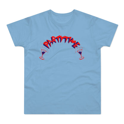 Light blue t-shirt with red and blue "PARTY TIME" text and martini glasses.