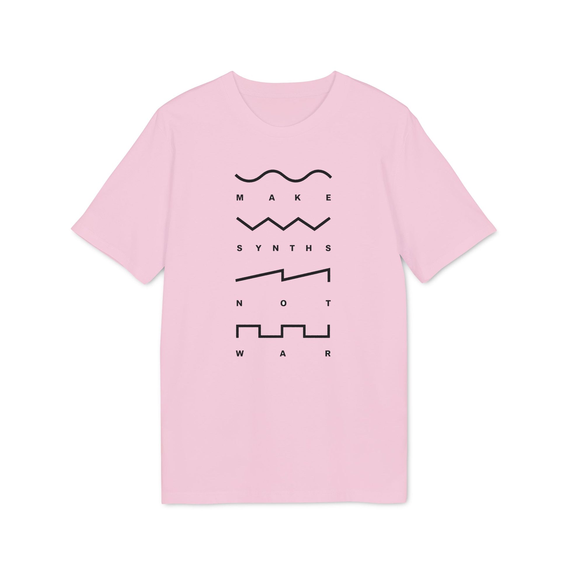 Pink t-shirt with black text and wave graphics: "MAKE SYNTHS NOT WAR".