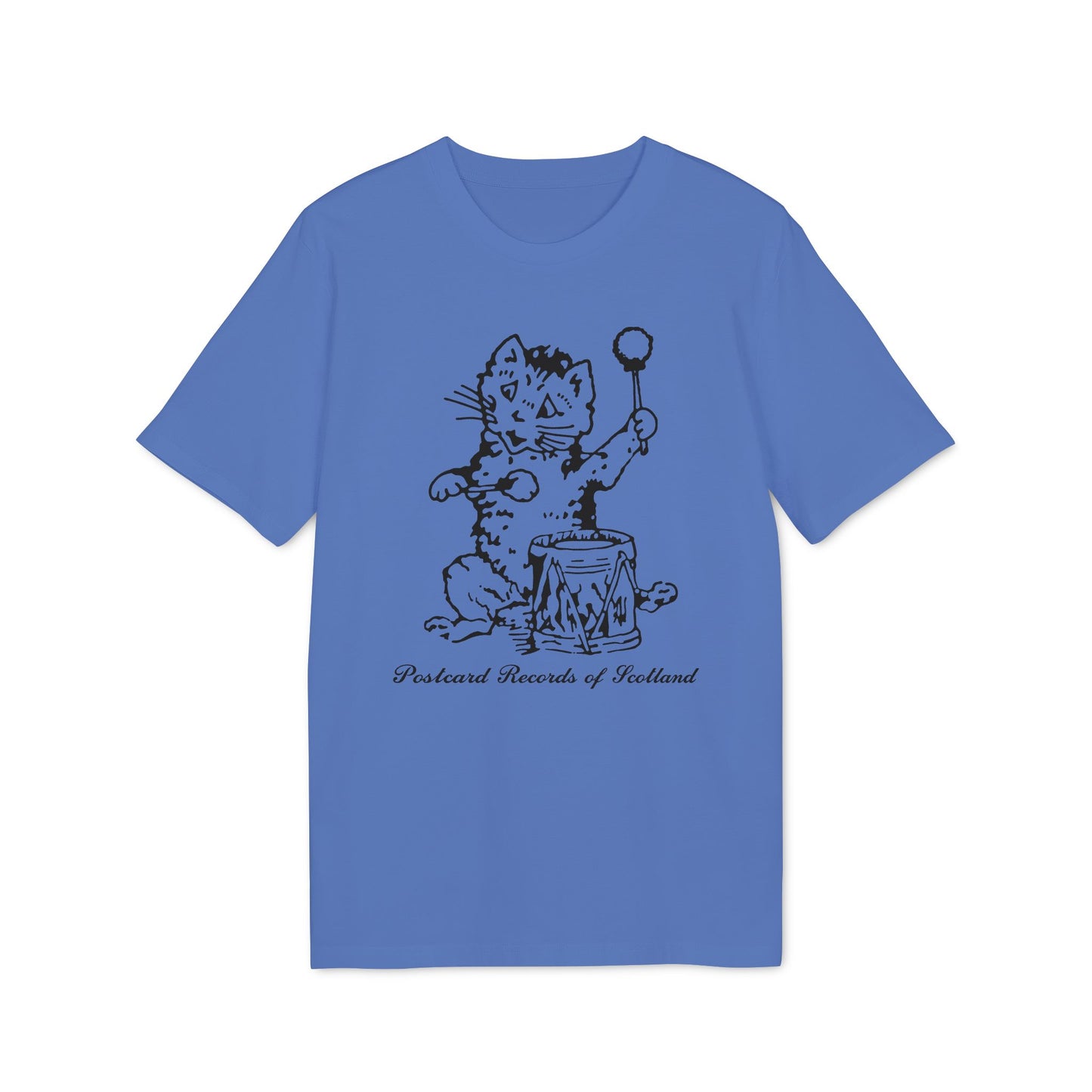 Blue t-shirt with a black line drawing of a cat playing a drum and holding a stick.