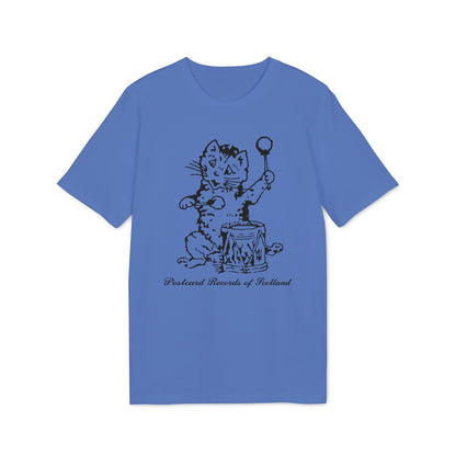 Blue t-shirt with a black line drawing of a cat playing a drum and holding a stick.