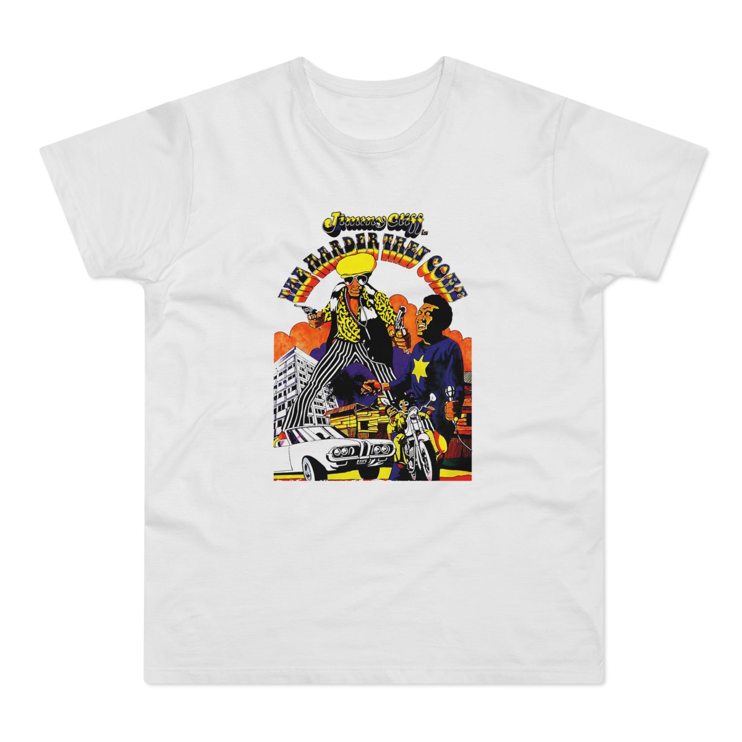 Jimmy Cliff The Harder They Come artwork with figures, car, motorcycle, and buildings.