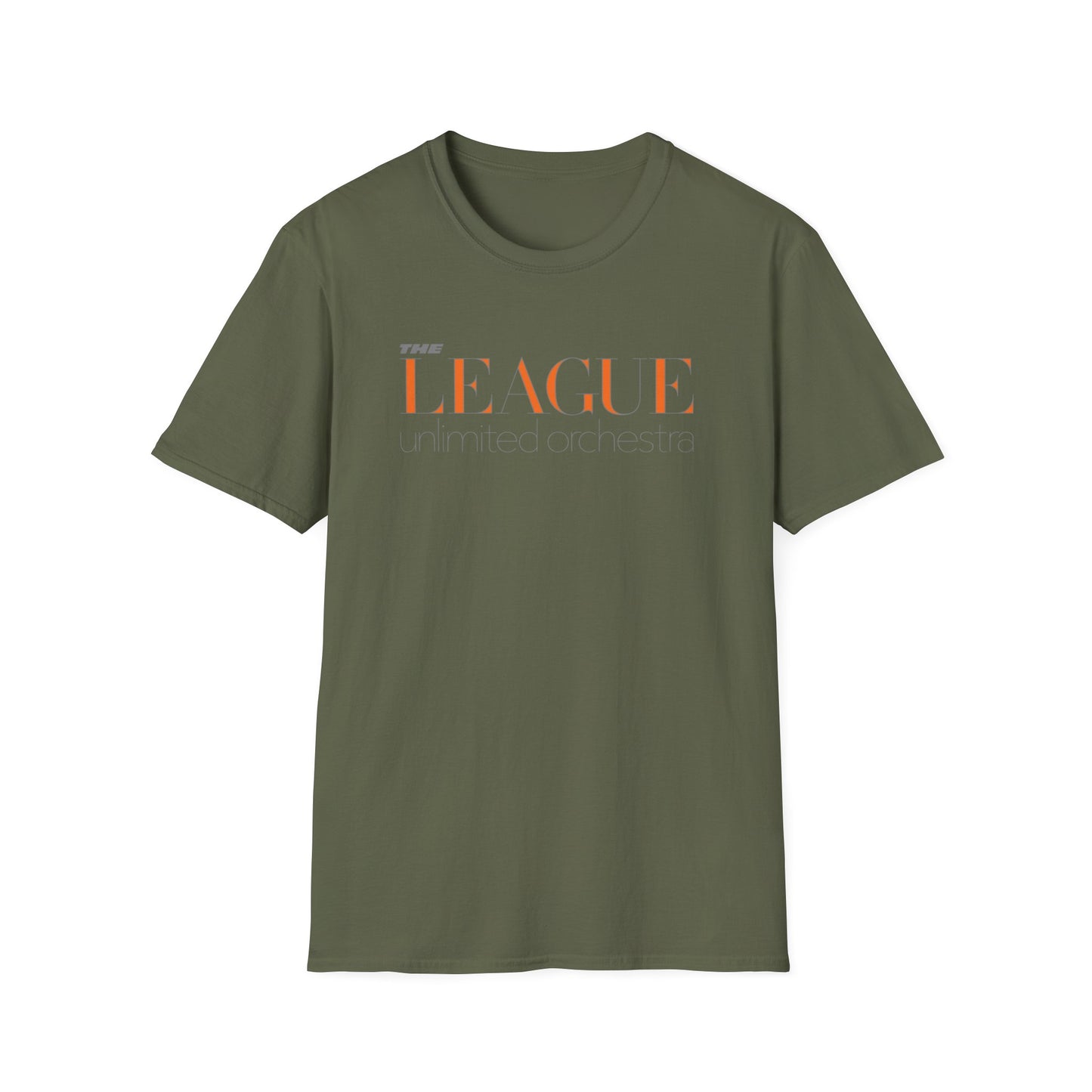 Olive green t-shirt with "THE LEAGUE unlimited orchestra" text graphic.