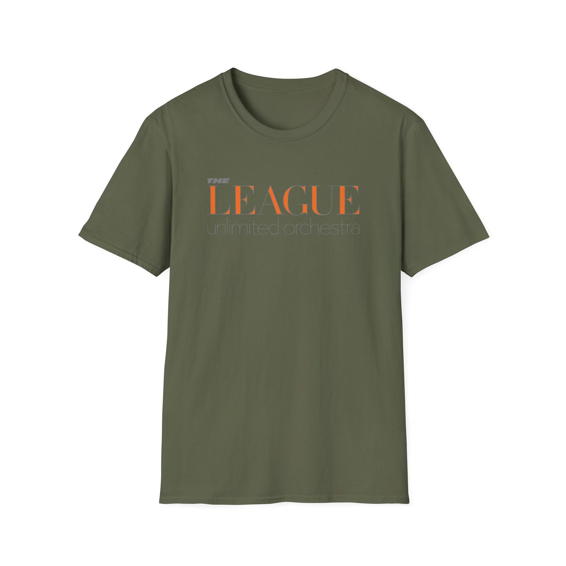 Olive green t-shirt with "THE LEAGUE unlimited orchestra" text graphic.
