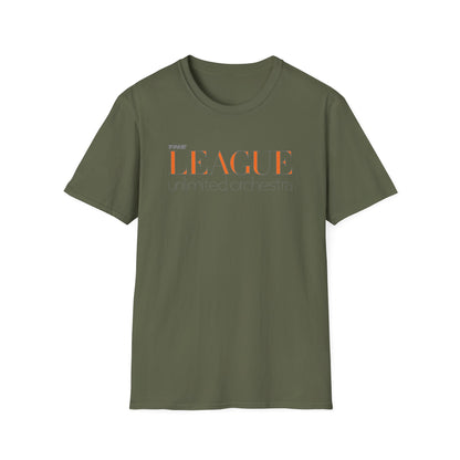 Olive green t-shirt with "THE LEAGUE unlimited orchestra" text graphic.