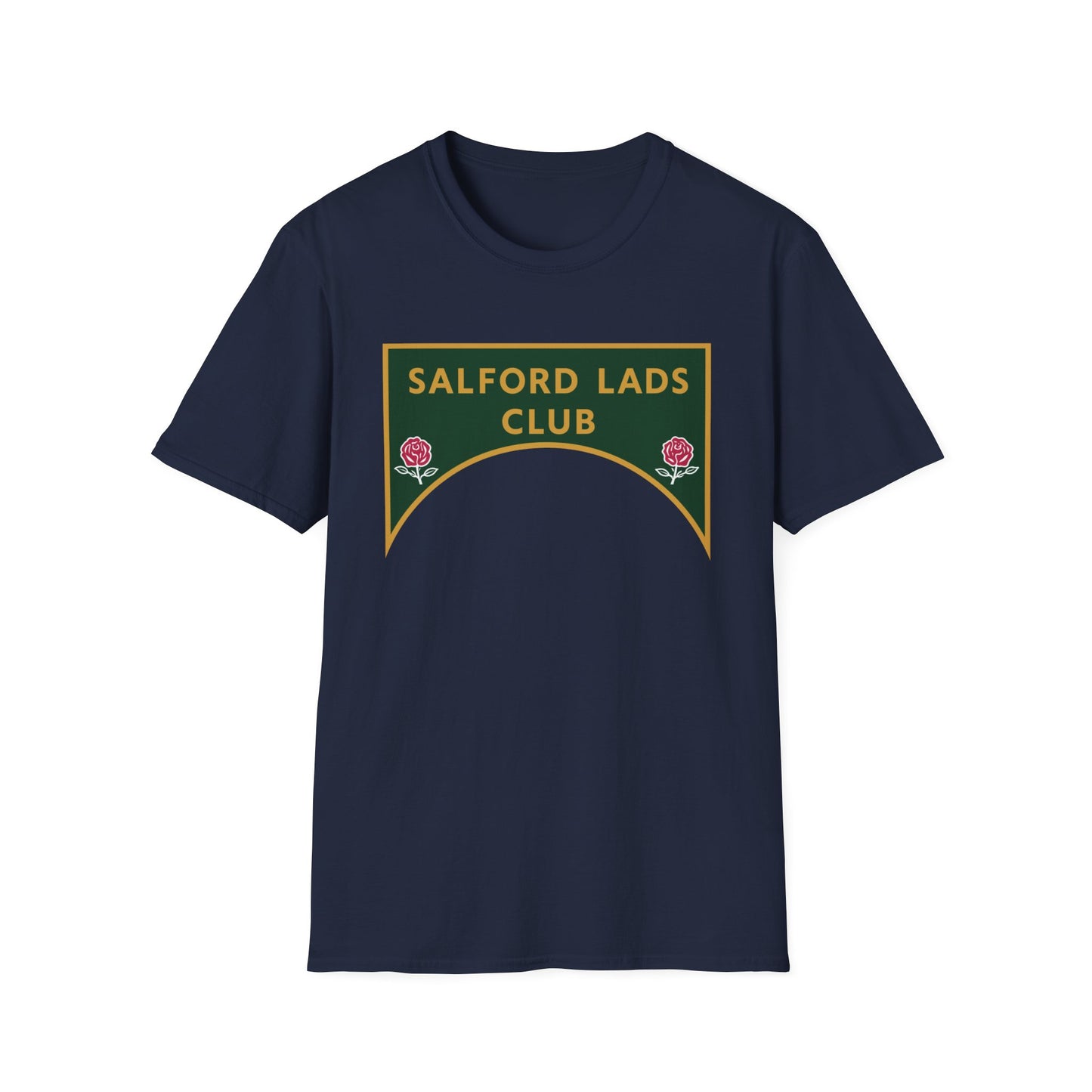Navy t-shirt with a green and gold crest featuring "SALFORD LADS CLUB" and two roses.