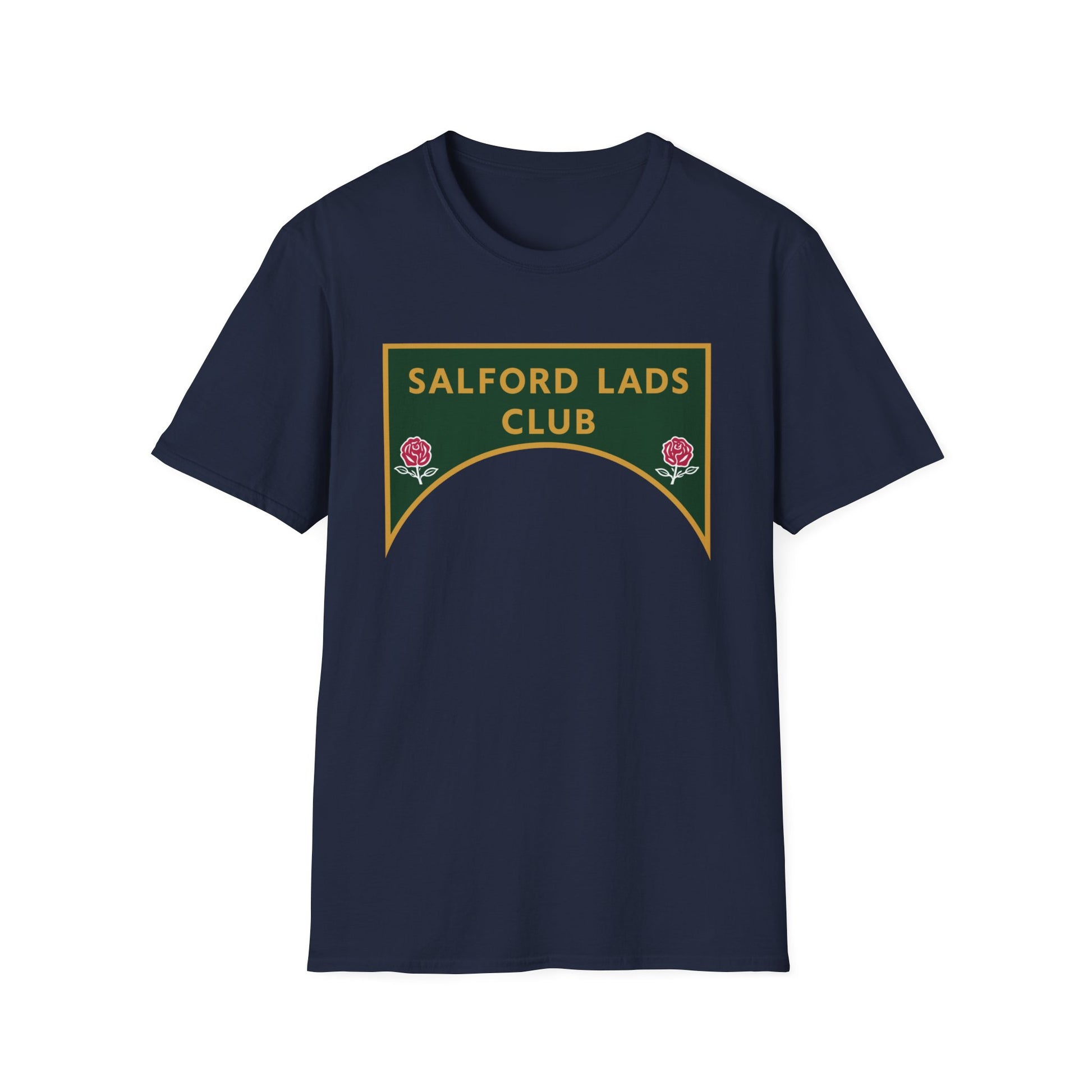Navy t-shirt with a green and gold crest featuring "SALFORD LADS CLUB" and two roses.