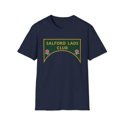 Navy t-shirt with a green and gold crest featuring "SALFORD LADS CLUB" and two roses.
