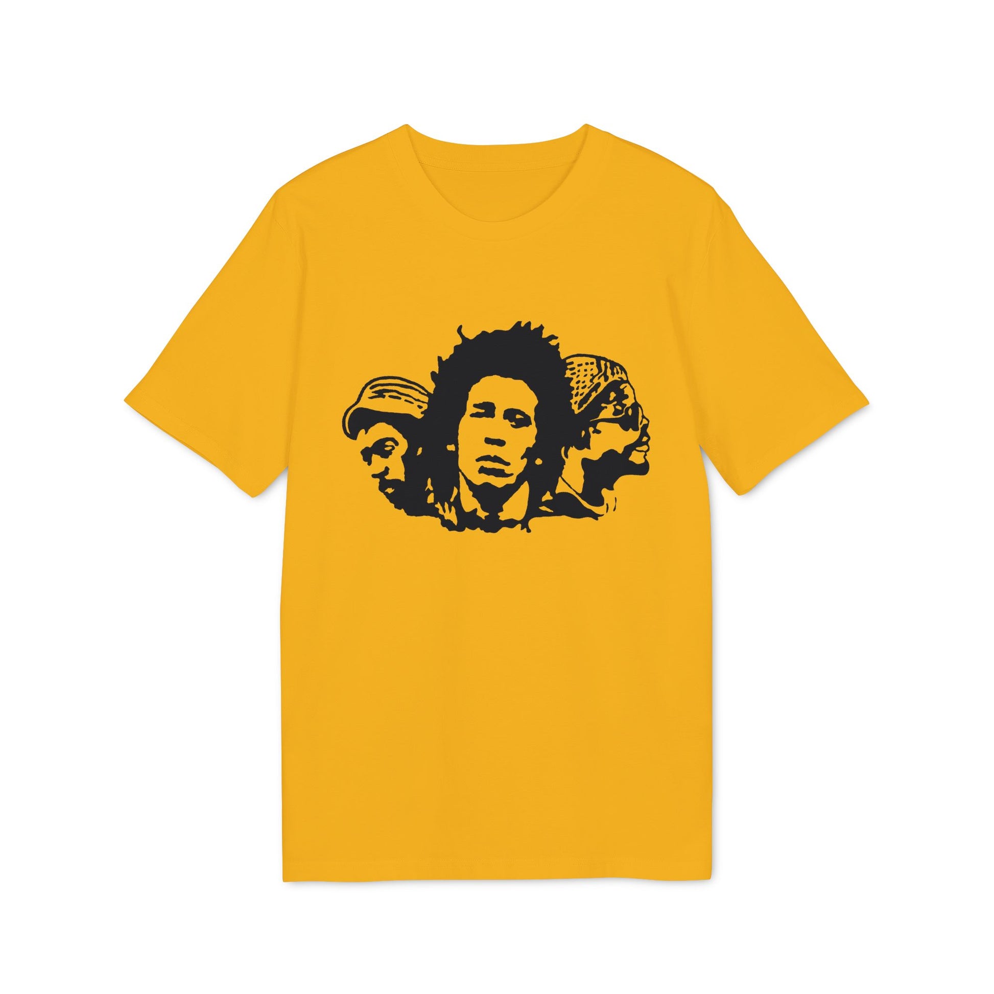 Yellow t-shirt featuring a black stencil graphic of Bob Marley and two other men.