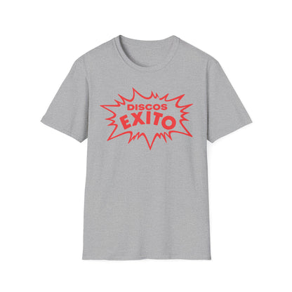 Grey t-shirt with red "DISCOS EXITO" text in a comic book style explosion.
