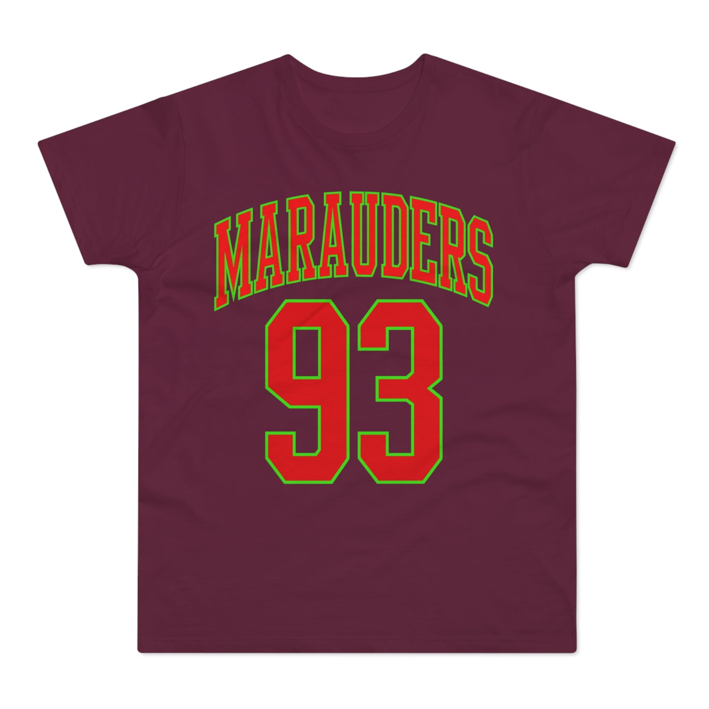 Maroon t-shirt with "Marauders 93" in red and green text.