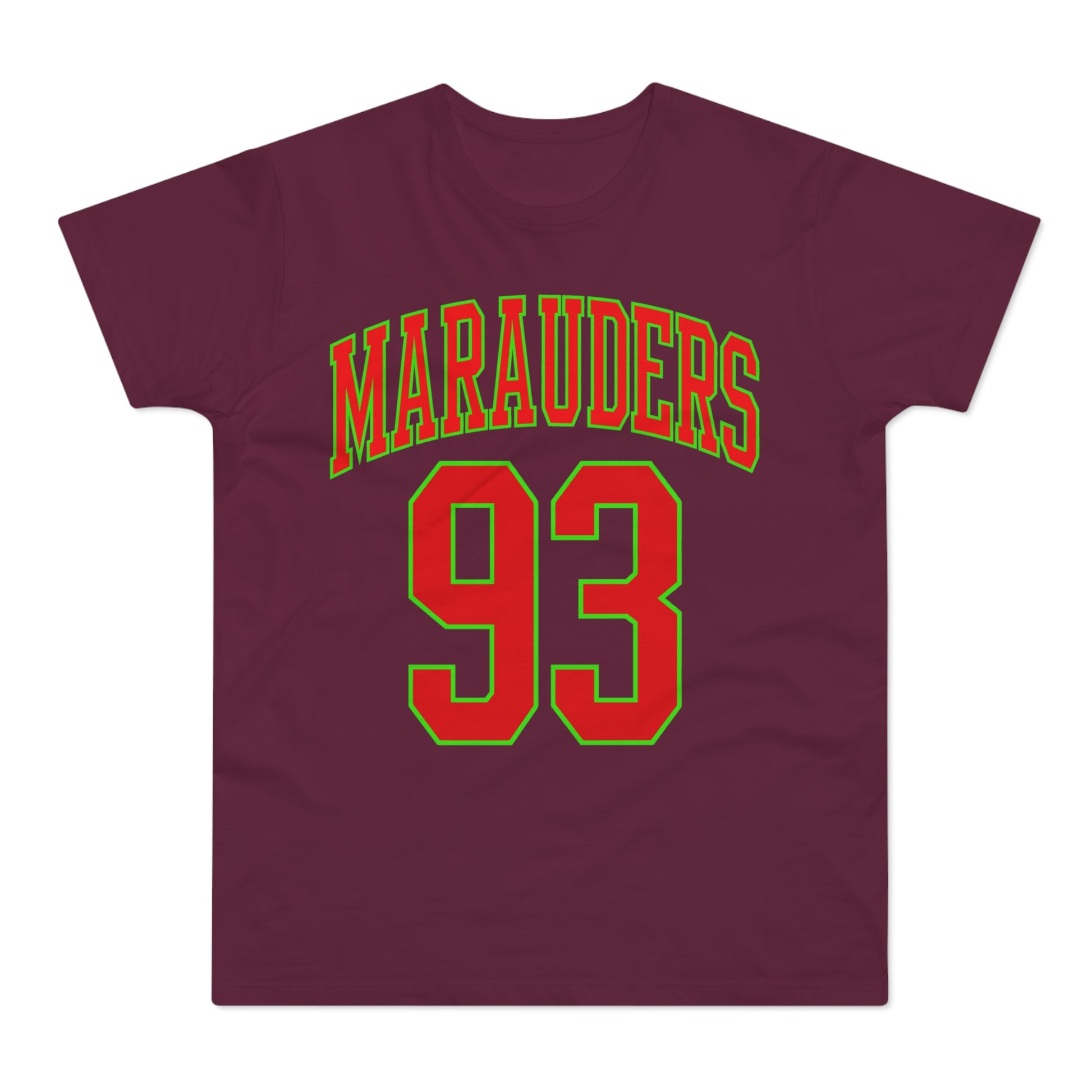 Maroon t-shirt with "Marauders 93" in red and green text.