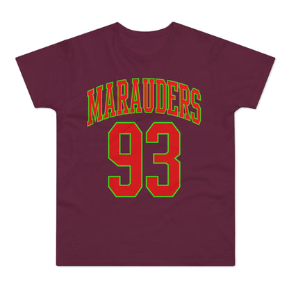 Maroon t-shirt with "Marauders 93" in red and green text.