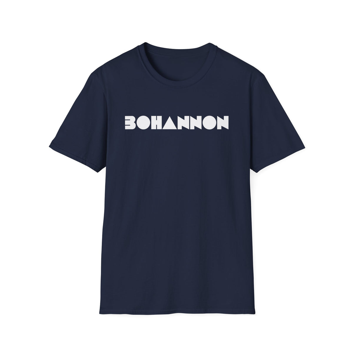 Navy t-shirt with white "BOHANNON" text and geometric shapes.