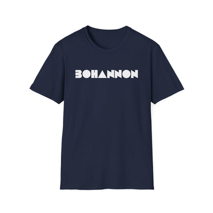 Navy t-shirt with white "BOHANNON" text and geometric shapes.