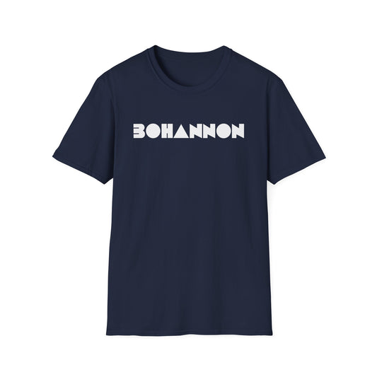Navy t-shirt with white "BOHANNON" text and geometric shapes.