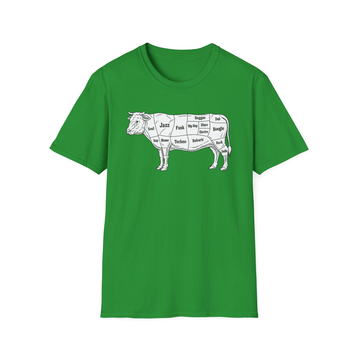 Green t-shirt with a line drawing of a butchered cow labeled with music genres.