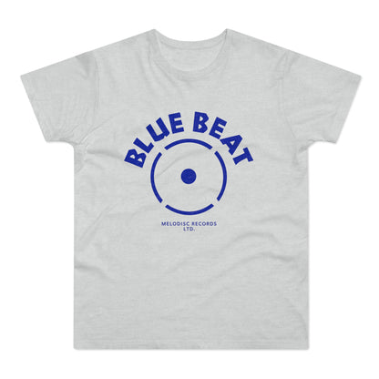 Light grey t-shirt with blue "BLUE BEAT" text and record logo.