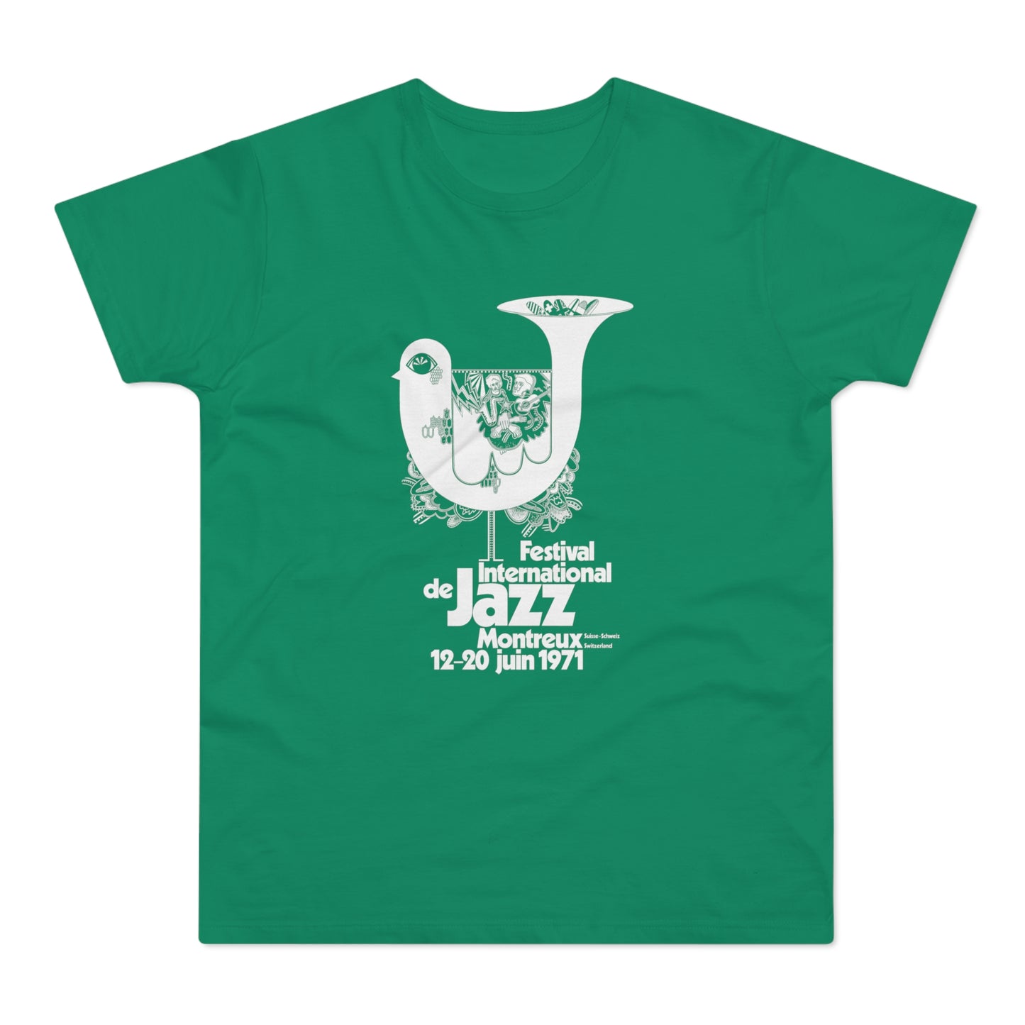 Green t-shirt featuring Festival International de Jazz Montreux 1971 design.