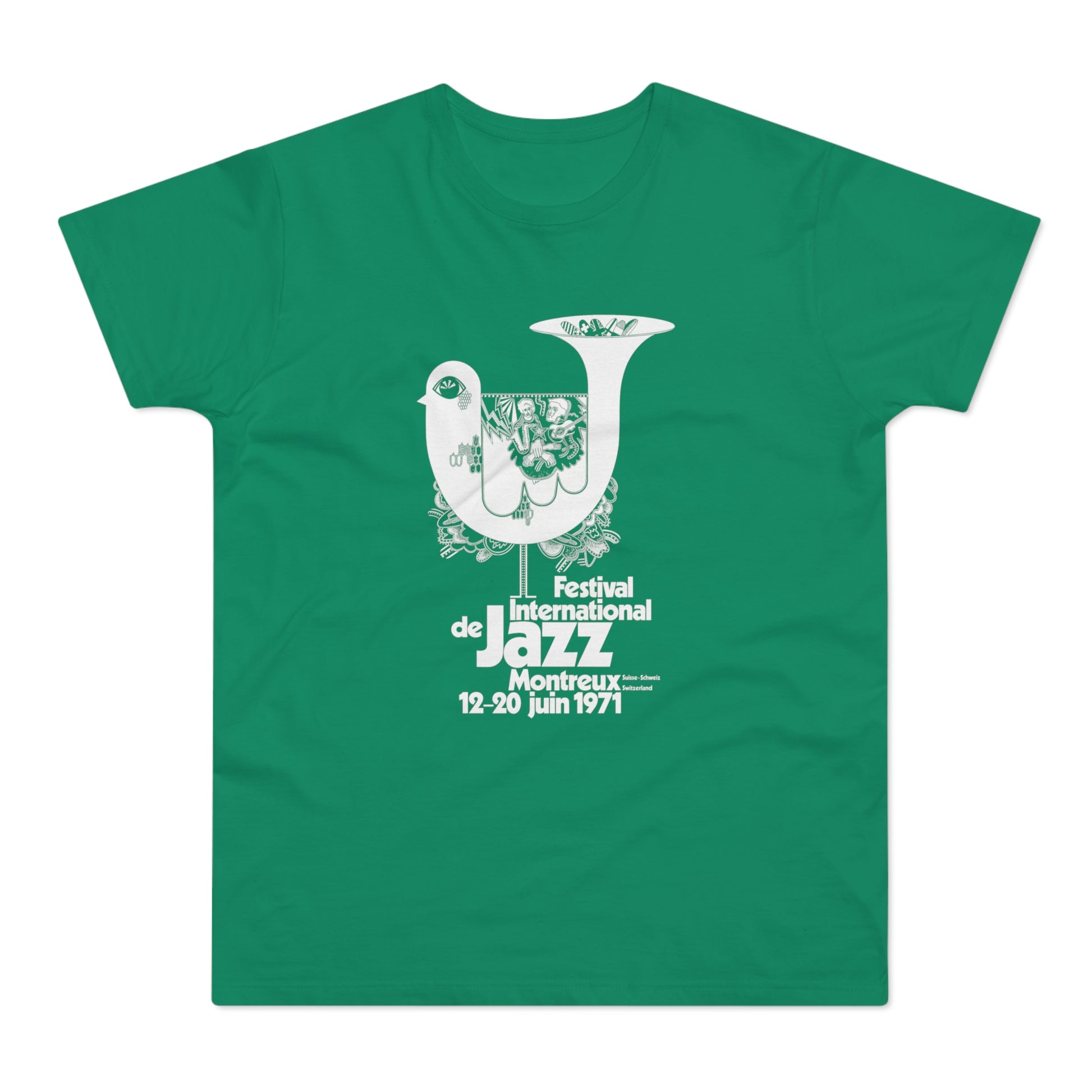 Green t-shirt featuring Festival International de Jazz Montreux 1971 design.
