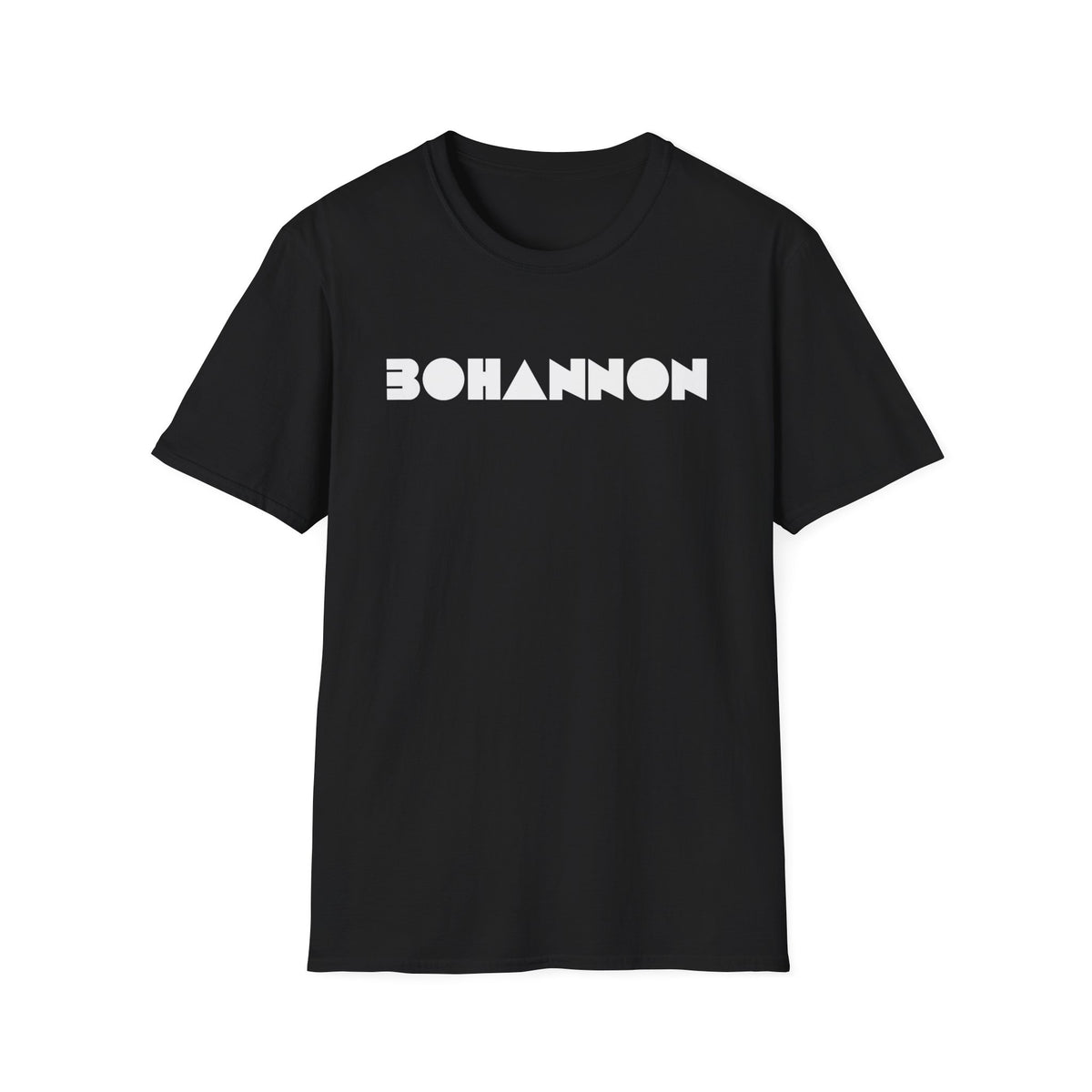 Black t-shirt with white geometric "BOHANNON" text on chest.