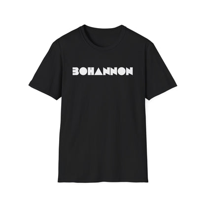 Black t-shirt with white geometric "BOHANNON" text on chest.