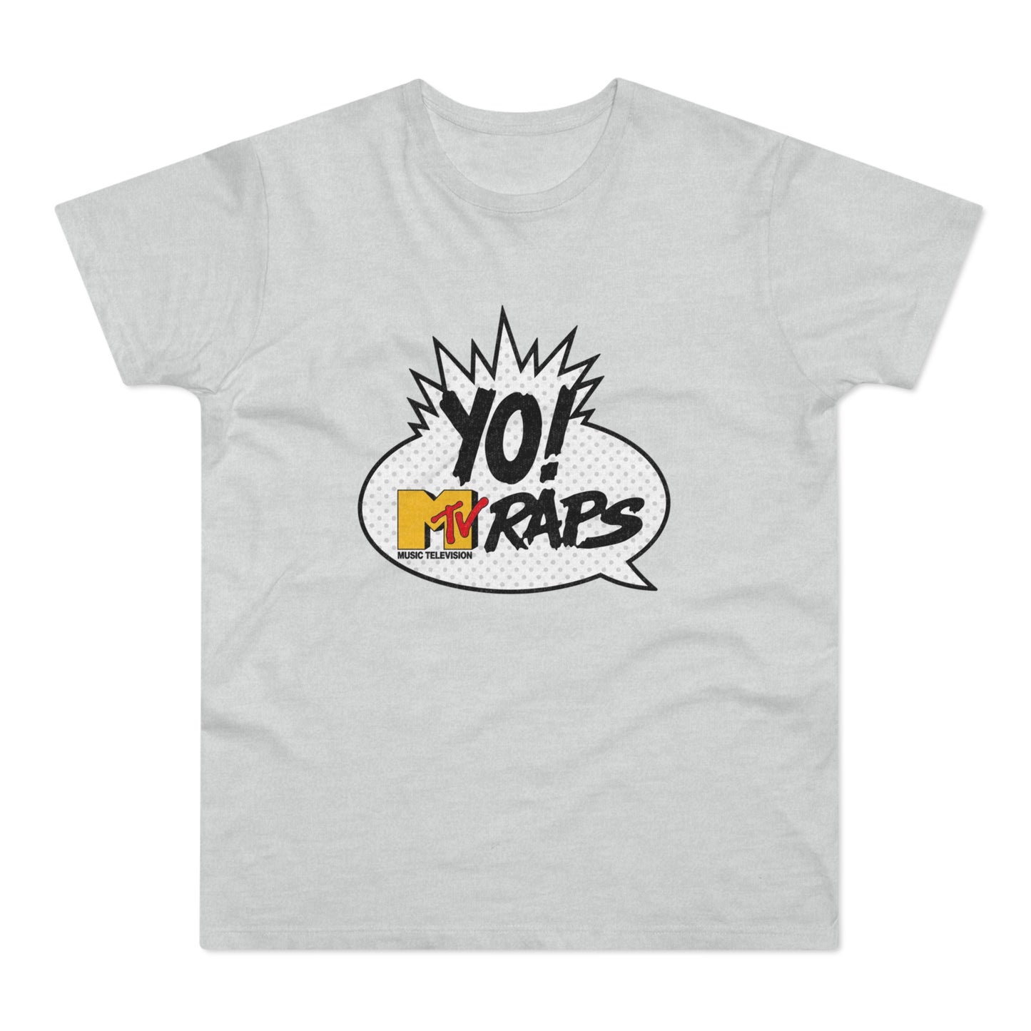 Light gray t-shirt with "YO! MTV RAPS" graphic in a comic bubble.