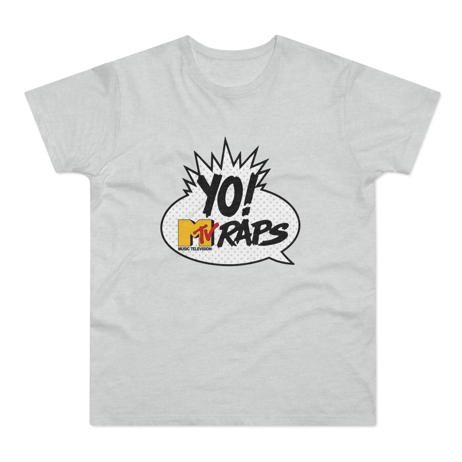 Light gray t-shirt with "YO! MTV RAPS" graphic in a comic bubble.