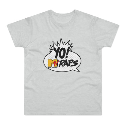 Light gray t-shirt with "YO! MTV RAPS" graphic in a comic bubble.