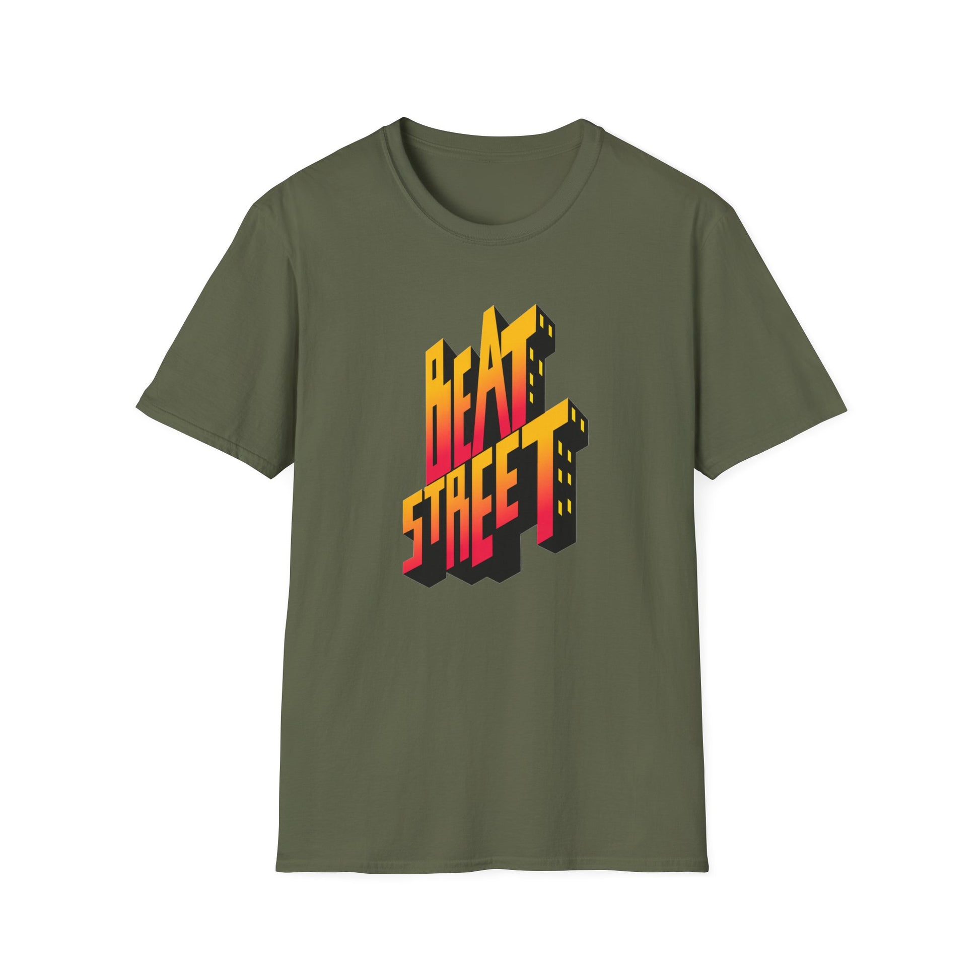 Olive green t-shirt with 3D "BEAT STREET" text logo featuring buildings.