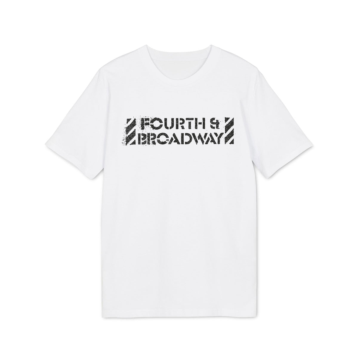 White t-shirt with black "FOURTH & BROADWAY" text and graphic design.