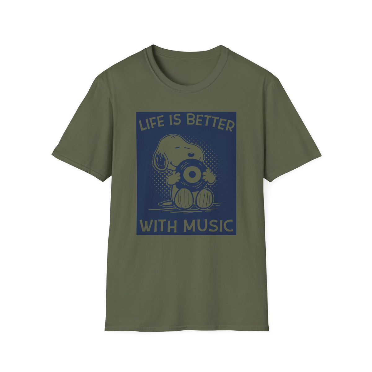Green t-shirt with Snoopy holding a record and text: LIFE IS BETTER WITH MUSIC.