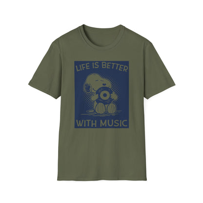 Green t-shirt with Snoopy holding a record and text: LIFE IS BETTER WITH MUSIC.