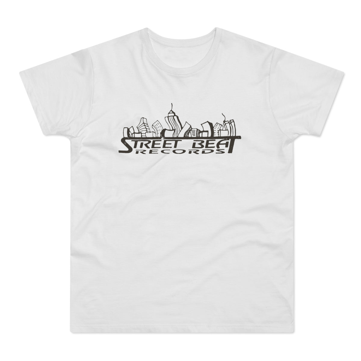White t-shirt with black skyline logo and "STREET BEAT RECORDS" text.