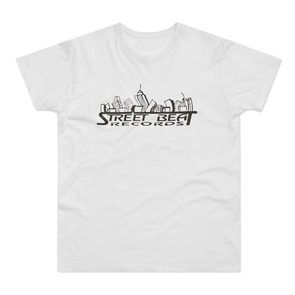 White t-shirt with black skyline logo and "STREET BEAT RECORDS" text.