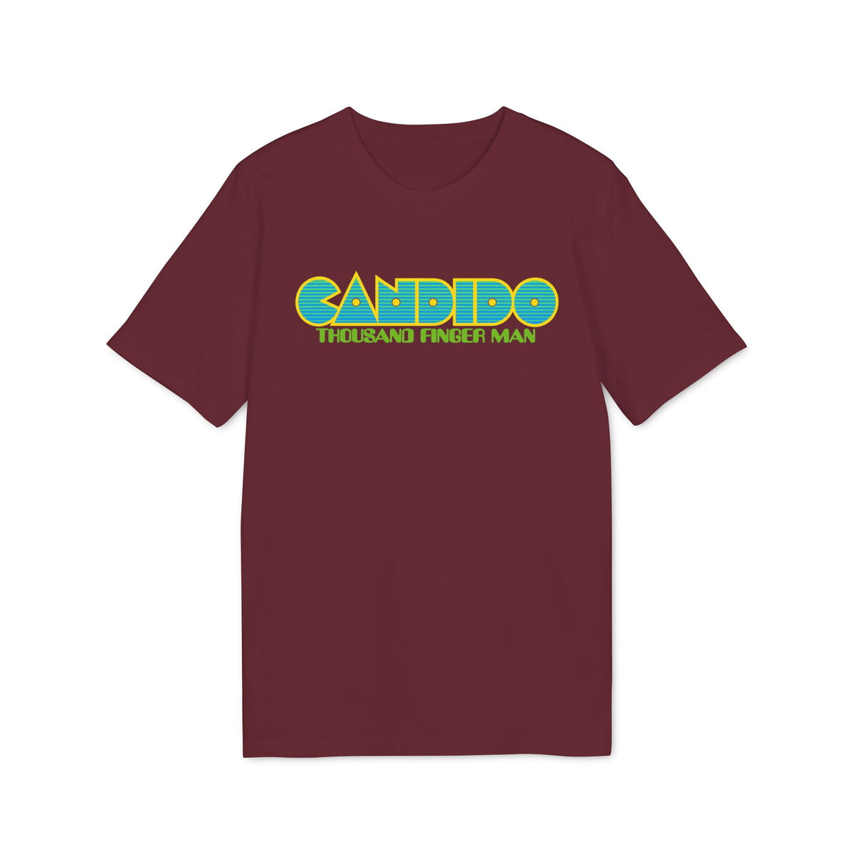 Maroon t-shirt with yellow and blue text reading "CANDIDO THOUSAND FINGER MAN".