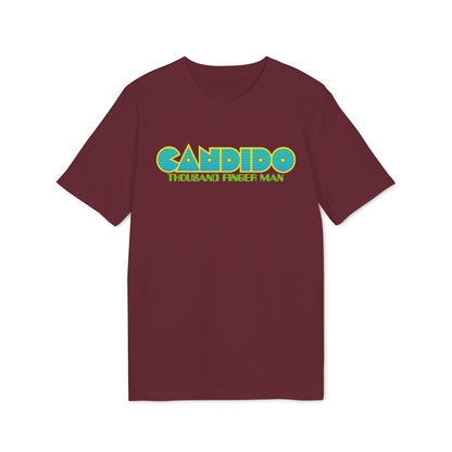 Maroon t-shirt with yellow and blue text reading "CANDIDO THOUSAND FINGER MAN".