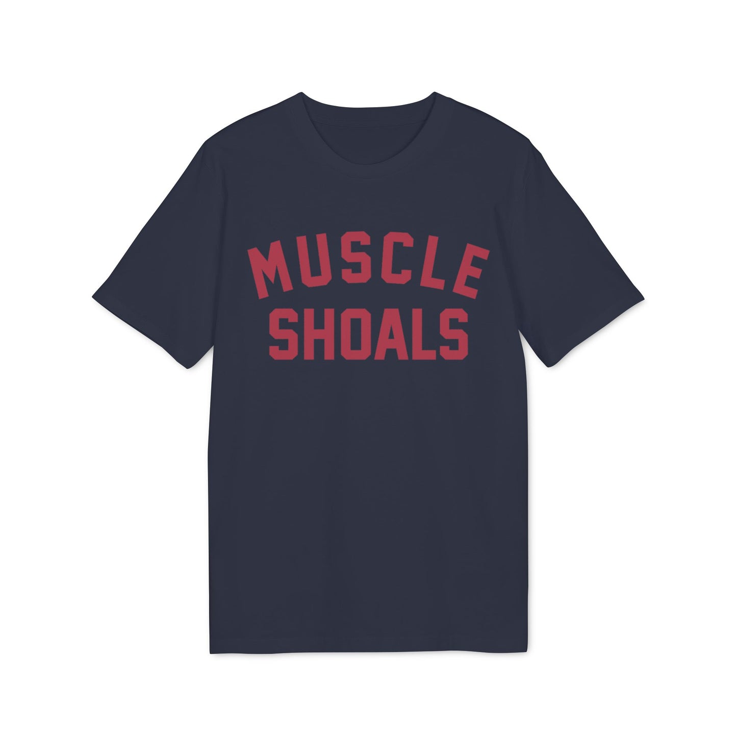Navy t-shirt with red "MUSCLE SHOALS" text.