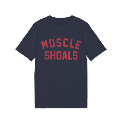 Navy t-shirt with red "MUSCLE SHOALS" text.