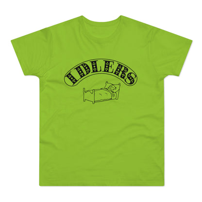 Lime green t-shirt with "FIDDLERS" text and cartoon character in bed.