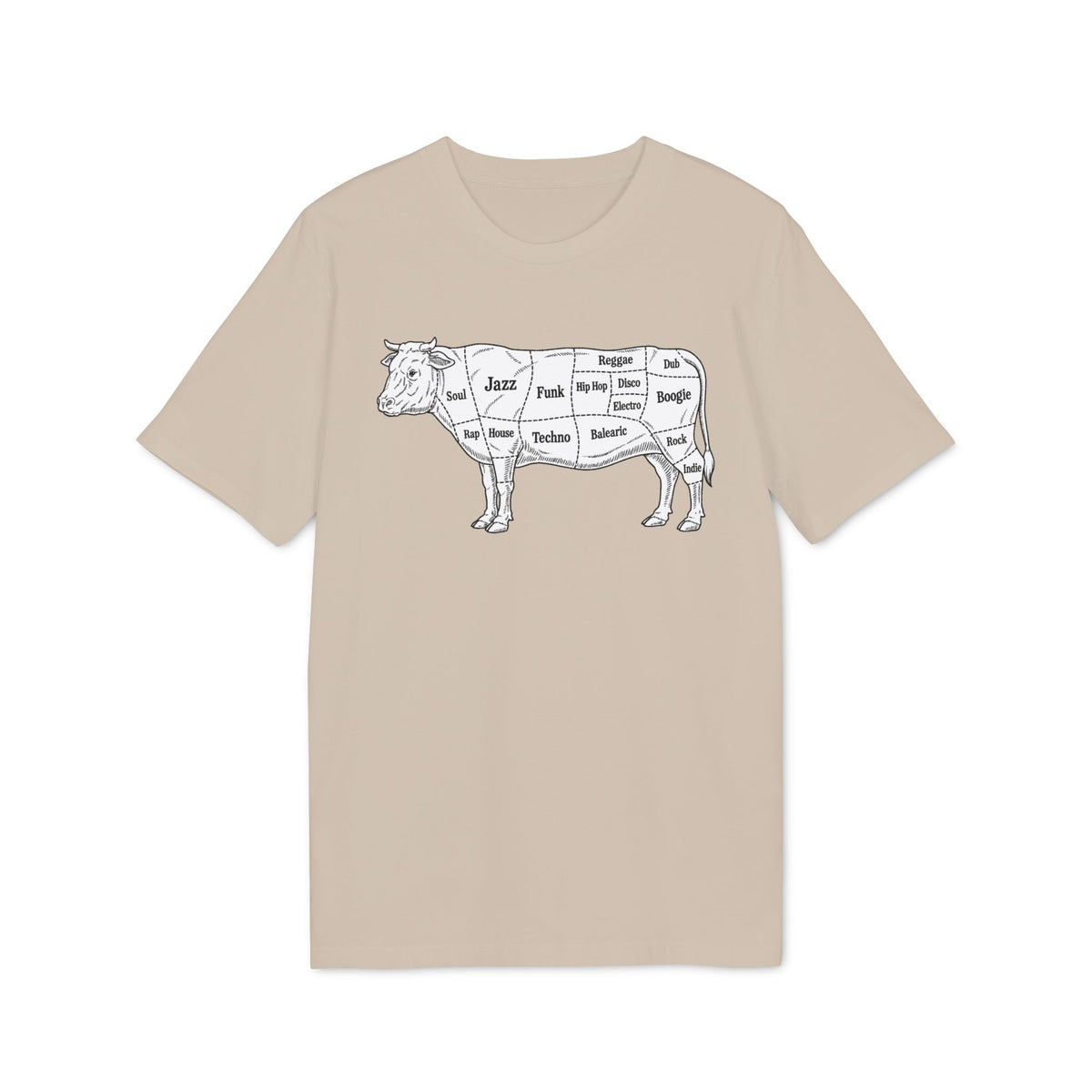 Line art of a cow with music genres labeled on its cuts.
