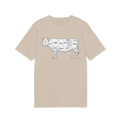 Line art of a cow with music genres labeled on its cuts.