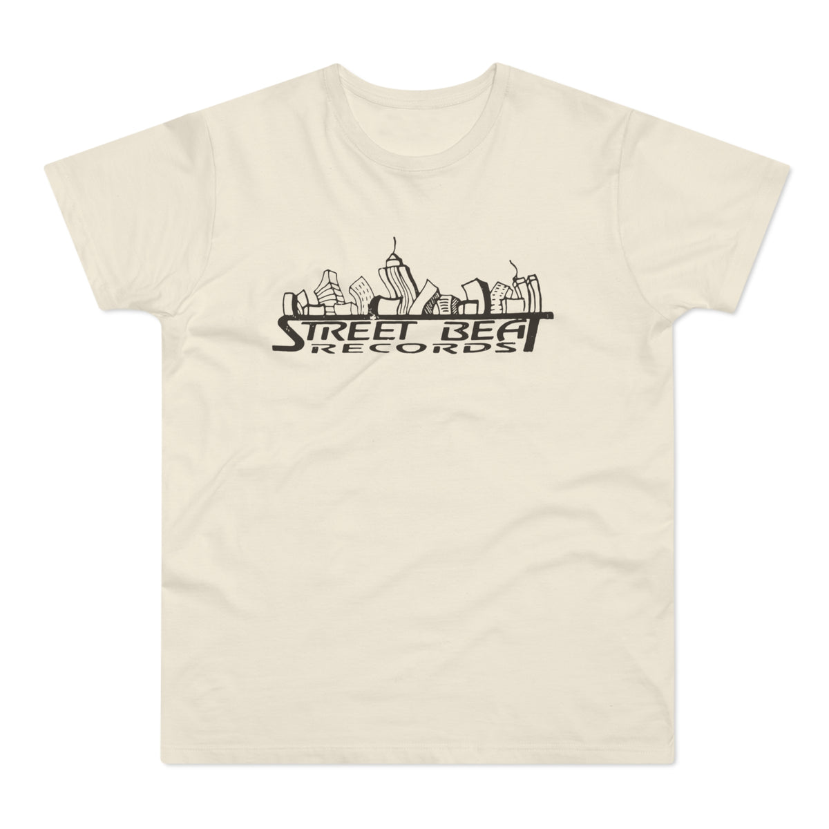 Cream t-shirt with black "Street Beat Records" text and cityscape logo.