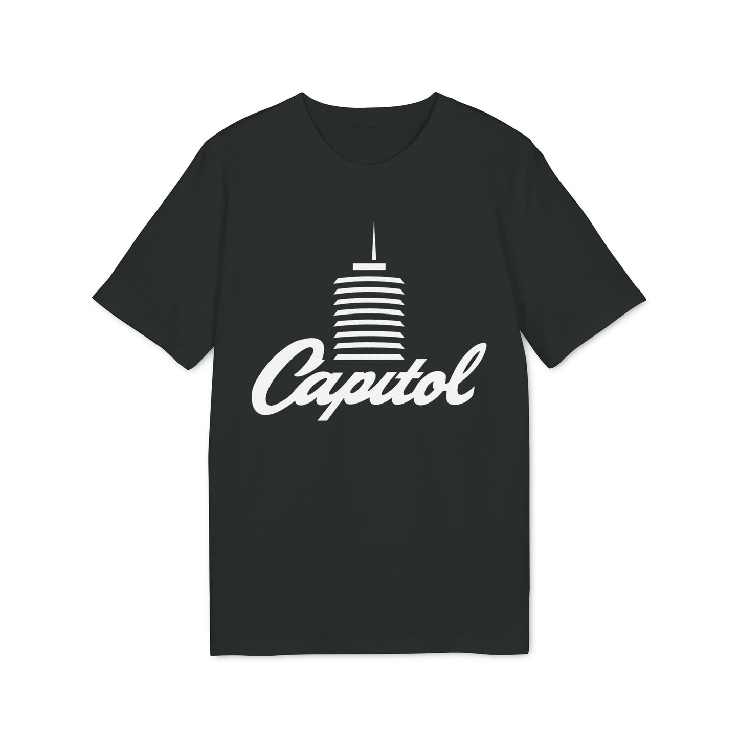 Black t-shirt with white "Capitol" text and building graphic.