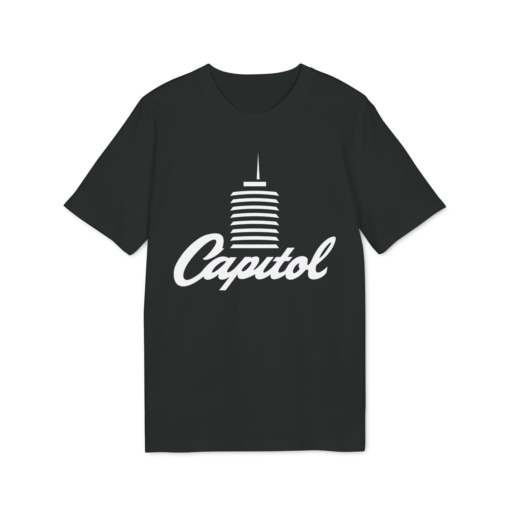 Black t-shirt with white "Capitol" text and building graphic.