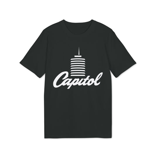 Black t-shirt with white "Capitol" text and building graphic.