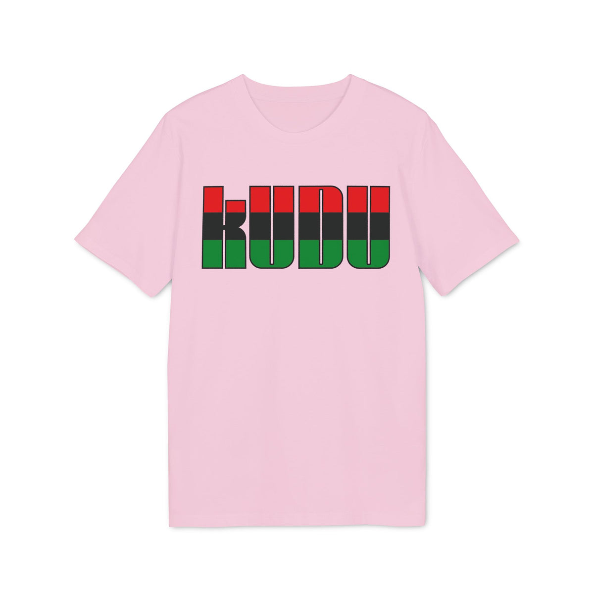 Pink t-shirt with black, red, and green lettering spelling "KUDU".