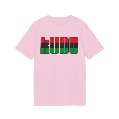 Pink t-shirt with black, red, and green lettering spelling "KUDU".